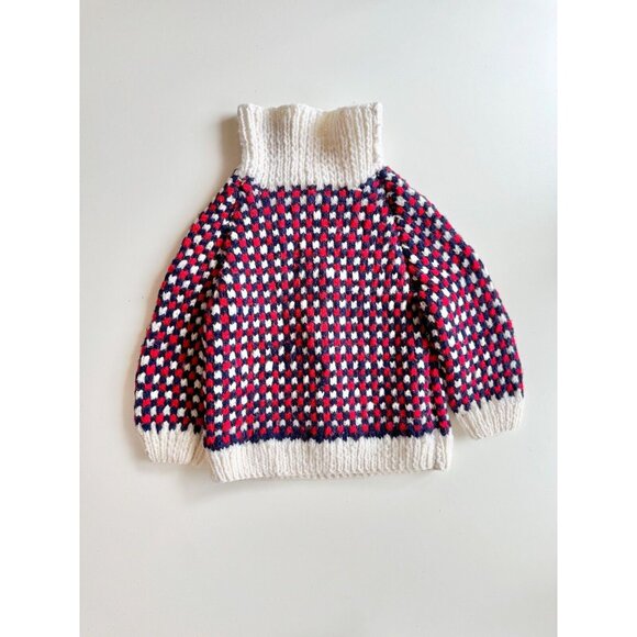 Vintage Handmade by Grandma Blue red Check Wool Turtleneck Sweater, Size 6 - Picture 7 of 11